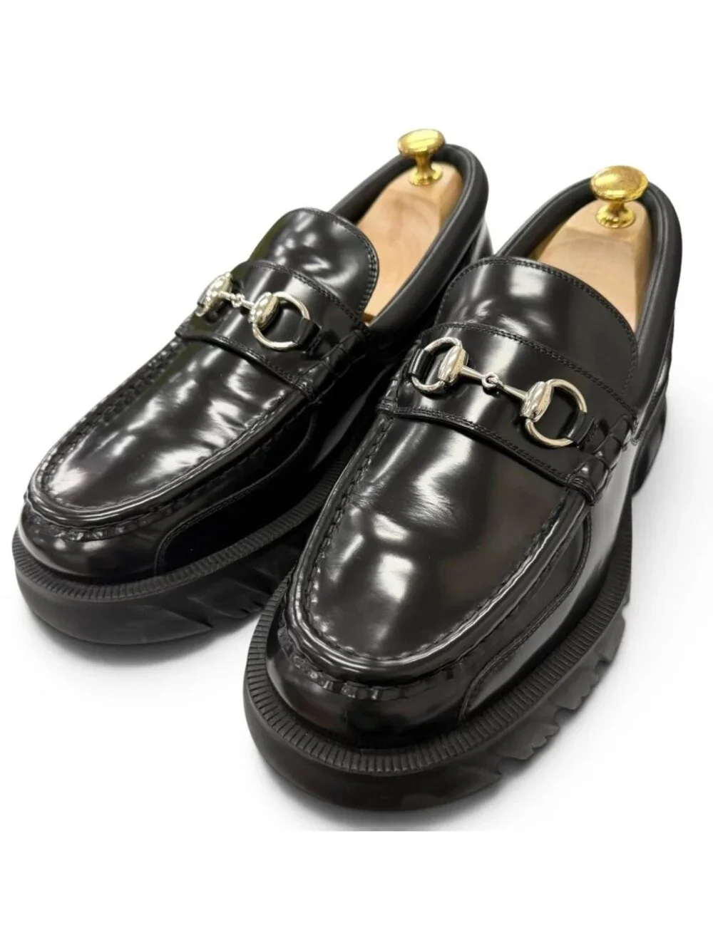 Gucci Leather Horsebit Silver Thick Sole Loafers Black 7.5